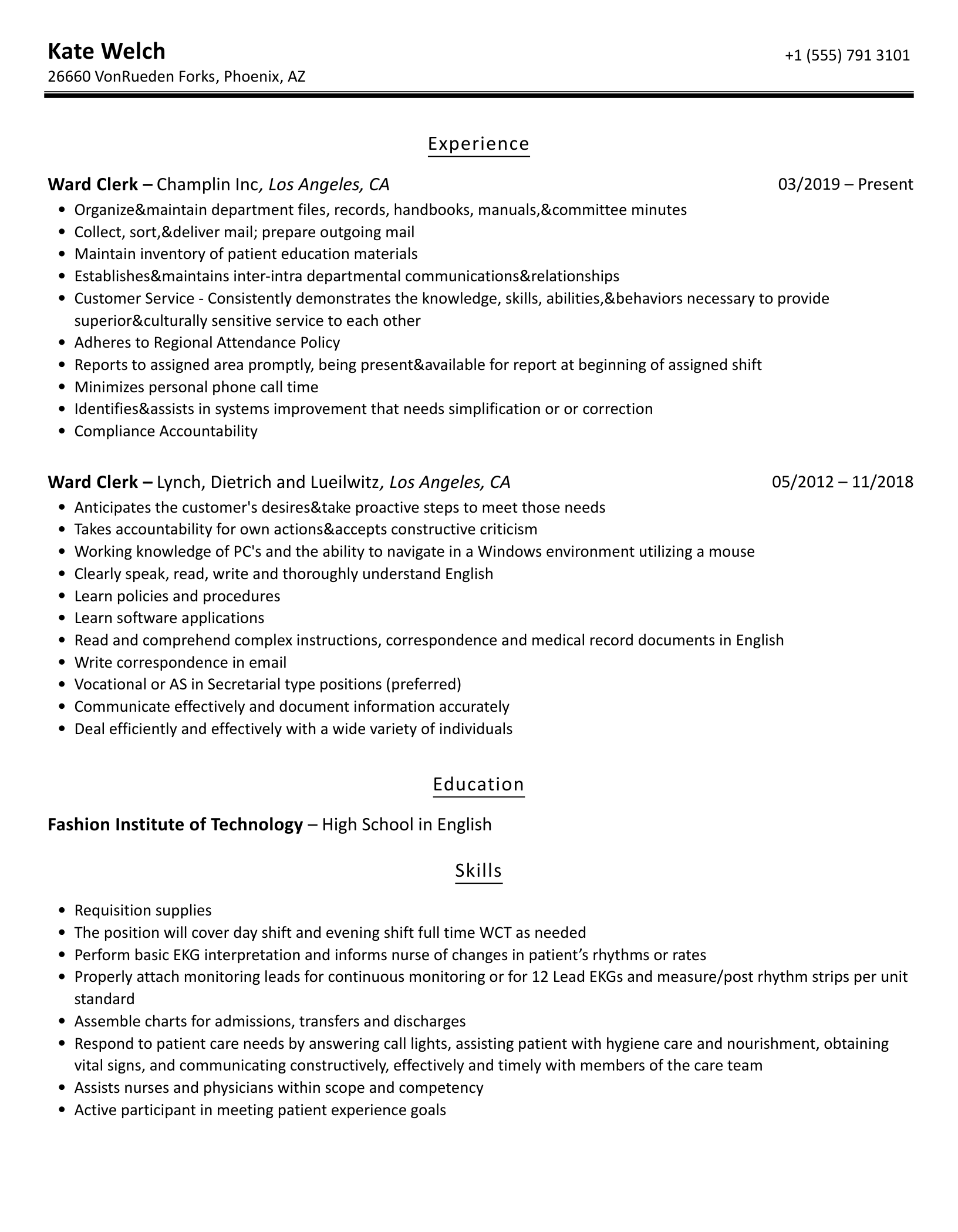 Ward Clerk Resume Samples | Velvet Jobs