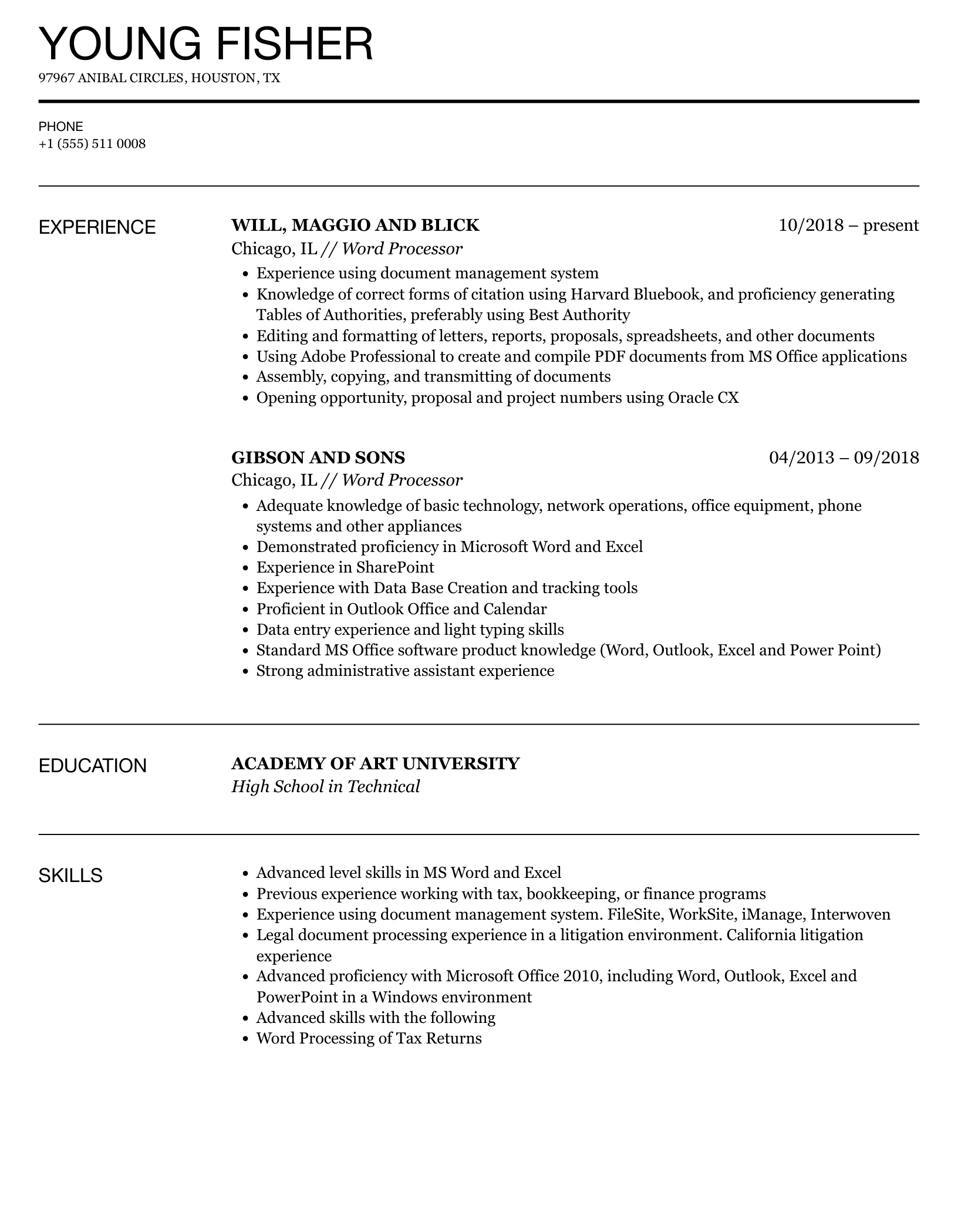 resume sample for word processing