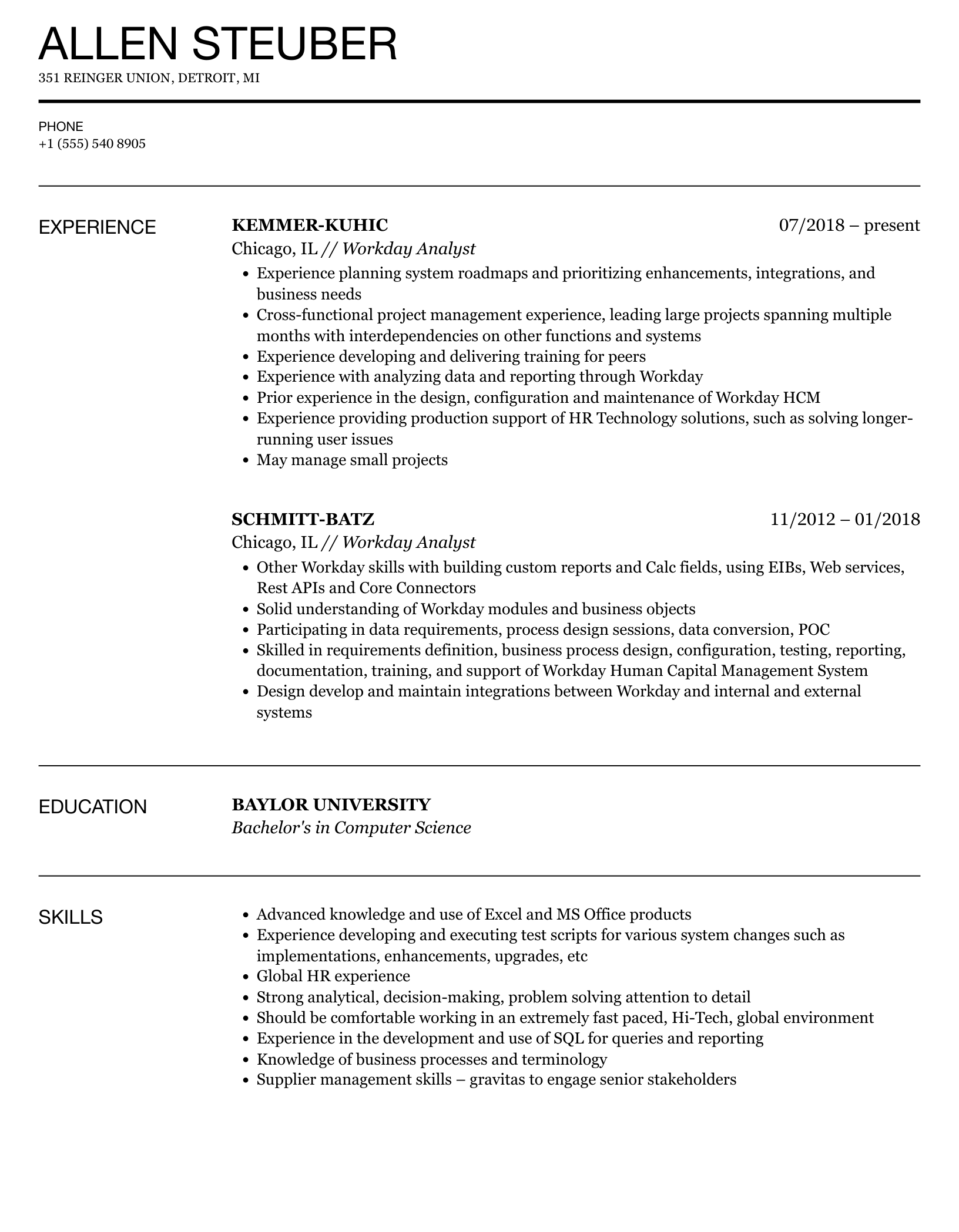 Workday Resume Template